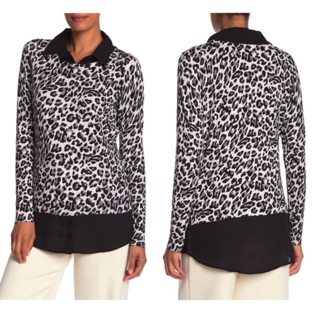 Adrianna Papell Layered Snow Leopard Sweater M